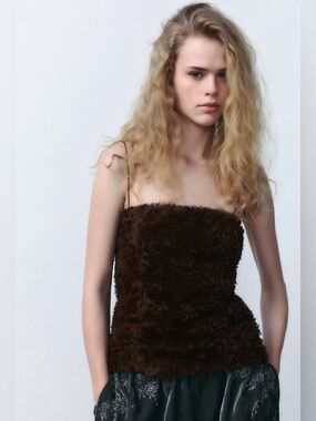 Zara textured brown ruffled flower camisole top S